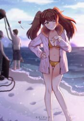  2boys artist_name beach bikini blue_sky blush brown_hair earrings female fur_collar fur_trim halterneck hand_on_own_hip heart jacket jewelry keipup kujikawa_rise looking_at_viewer multiple_boys navel ocean one_eye_closed outdoors persona persona_4 photo_shoot sky swimsuit twintails twitter_username 