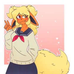  1:1 anthro anthrofied arin blonde_hair bottomwear brown_eyes clothed clothing cosplay crazy_guy_(artist) eeveelution fangs female flareon fluffy fluffy_tail furgonomics generation_1_pokemon hair hi_res long_ears long_hair my_hero_academia nails nintendo orange_body orange_skin pokemon pokemon_(species) pokemorph skirt solo sweater tail tail_through_skirt teeth toga_himiko topwear 