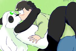  2023 3:2 anthro bear black_body black_fur black_nose blush choromatsu_matsuno clinging closed_eyes clothed clothing digital_drawing_(artwork) digital_media_(artwork) duo female fur fur_markings giant_panda hair human human_on_anthro interspecies kiss_on_lips kissing leg_wrap lunarpanda8686 male male/female male_on_anthro mammal markings mika_(lunarpanda8686) mr._osomatsu round_ears simple_background slightly_chubby surprise surprise_kiss surprised_expression tail white_body white_fur white_hair 