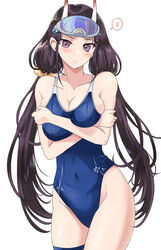  azur_lane bare_shoulders black_hair blue_one-piece_swimsuit breasts cleavage competition_school_swimsuit covered_navel covering_breasts covering_privates female floral_print goggles goggles_on_head hair_ornament hair_scrunchie highleg highleg_swimsuit horns ishizu_kayu large_breasts long_hair noshiro_(azur_lane) noshiro_(unwinding_in_the_sunshine)_(azur_lane) one-piece_swimsuit oni_horns purple_eyes red_horns school_swimsuit scrunchie swimsuit thigh_strap twintails white_background yellow_scrunchie 