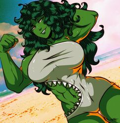  animification arms_up beach biceps blue_sky cloud cloudy_sky colored_skin cowboy_shot english_commentary female green_eyes green_hair green_skin grey_one-piece_swimsuit half-closed_eyes highres ishmi long_hair marvel muscular muscular_female navel one-piece_swimsuit outdoors parted_lips sharkini she-hulk signature sky smile solo swimsuit water 