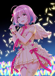  ahoge alternate_costume angel_wings bare_shoulders black_background blue_background blue_hair blush choker clothes_writing commentary_request cowboy_shot crying crying_with_eyes_open dress feathered_wings feathers female glowstick gradient_background hair_intakes hair_ornament hair_ribbon hands_up highres holding holding_microphone idolmaster idolmaster_cinderella_girls idolmaster_cinderella_girls_starlight_stage legs_together microphone multicolored_hair neck_ribbon o-ring o-ring_thigh_strap oerba_yun_fang open_mouth pink_choker pink_eyes pink_hair pink_ribbon ribbon short_hair single_thighhigh sleeveless sleeveless_dress smile sparkle_print standing tareme tears thigh_strap thighhighs thighs tongue two-tone_hair wings wireless yoshikita_popuri yumemi_riamu 