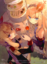  2girls absurdres aqua_eyes artist_name azur_lane bare_shoulders blonde_hair blush cake cake_slice checkerboard_cookie closed_mouth cookie crown cup cupcake epaulettes food fork from_above gloves hair_ornament hairband highres holding holding_cup holding_fork lips long_hair long_sleeves looking_at_viewer looking_back mini_crown multiple_girls official_art pastry purple_eyes queen_elizabeth_(azur_lane) sandwich scan sidelocks simple_background sitting sleeveless smile strawberry_shortcake table tea teacup tied_hair tiered_tray utensil_in_mouth warspite_(azur_lane) yasumo_(kuusouorbital) 