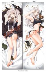  ammunition animal_ears armpits arms_up bare_arms bare_legs bare_shoulders barefoot black_bra black_panties bra breasts casino_(casinoep) claymore_(mine) cleavage dakimakura_(medium) explosive feet female greek_toe grey_eyes grey_hair gun highres hololive large_breasts legs lion_ears long_hair looking_at_viewer magazine_(weapon) mine_(weapon) multiple_views one_eye_closed panties see-through see-through_cleavage shishiro_botan shishiro_botan_(1st_costume) soles tail toes underwear virtual_youtuber weapon 