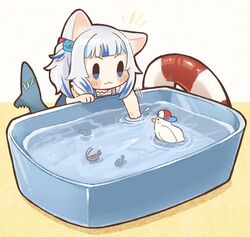  :3 animal_ears backwards_hat baseball_cap basin bird blue_eyes blue_hair blunt_bangs blush_stickers cat_ears chibi commentary duck female fins fish fish_tail gawr_gura gawr_gura_(casual) grey_hair hat highres hololive hololive_english innertube multicolored_hair same_anko shark_tail shrimp simple_background solo subaru_duck swim_ring symbol-only_commentary tail two-tone_hair v-shaped_eyebrows virtual_youtuber water 