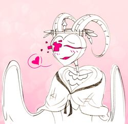  angel blush cawterwaul clothed clothing coat exorcist_(hazbin_hotel) exterminator fan_character feathers female halo hazbin_hotel heart_symbol hi_res horn humanoid mask not_furry open_mouth open_smile partially_clothed smile solo topwear wings 