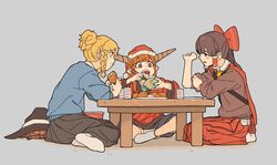  3girls alternate_costume alternate_hairstyle bangs blonde_hair blue_shorts blue_sweater blunt_bangs bow bowl braid brown_eyes brown_hair casual chopsticks contemporary cup earrings eating full_body green_nails grey_background hair_tubes hair_up hairbow hakurei_reimu hand_up hanten_(clothes) hat hat_removed headwear_removed holding holding_bowl holding_chopsticks horns ibuki_suika indian_style jewelry kirisame_marisa long_hair long_sleeves multiple_girls nail_polish orange_hair plaid plaid_scarf plate pointy_ears red_bow red_headwear rice rolling_eyes santa_hat scarf scarf_removed shima_(landsuzume) short_ponytail shorts simple_background single_braid sitting socks stud_earrings sweater table touhou wariza white_legwear yellow_eyes yunomi 