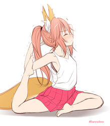  aged_down animal_ear_fluff animal_ears bare_arms bare_legs barefoot blush breasts closed_eyes collarbone commentary_request fate/grand_order fate_(series) feet female fox_ears fox_girl fox_tail haryuu_(poetto) highres long_hair pink_hair ponytail profile red_skirt simple_background skirt small_breasts solo stretching tail tamamo_(fate) tamamo_no_mae_(fate/extra) tank_top trembling twitter_username white_background white_tank_top 