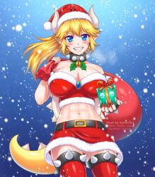  abs ass_visible_through_thighs bare_shoulders bell bell_earrings black_collar blonde_hair blue_eyes blush bowsette bracelet breasts breath burbur christmas cleavage collar collarbone commentary_request covered_nipples cowboy_shot crop_top earrings female fingernails forked_eyebrows fur_trim gift grin hat high_ponytail holding holding_gift horns impossible_clothes jewelry large_breasts long_hair looking_at_viewer mario_(series) midriff miniskirt navel neck_bell new_super_mario_bros._u_deluxe over_shoulder pointy_ears ponytail red_nails sack santa_costume santa_hat sharp_fingernails sharp_teeth sidelocks skirt smile snowing solo spiked_bracelet spiked_collar spiked_shell spiked_tail spiked_thighlet spikes stomach strapless tail teeth thick_eyebrows thighhighs thighlet toned turtle_shell watermark 