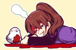  =_= bird black_sleeves bleeding bleeding_from_forehead blood blood_from_mouth brown_hair closed_eyes closed_mouth coat commentary_request e.g.o_(project_moon) employee_(project_moon) female hatake_shimeji lobotomy_corporation long_hair long_sleeves outline ponytail pool_of_blood project_moon punishing_bird purple_coat simple_background smile white_bird white_outline yellow_background 