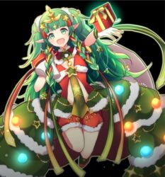  black_background box braid christmas_ornaments commentary_request dress female fire_emblem fire_emblem:_three_houses fire_emblem_heroes fur_trim gift gift_box green_eyes green_hair hair_ornament hair_ribbon long_hair open_mouth pimi_(ringsea21) pointy_ears ribbon ribbon_braid simple_background solo sothis_(fire_emblem) sothis_(winter)_(fire_emblem) tiara twin_braids 