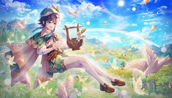  1boy androgynous animal argyle_clothes argyle_legwear beret bird black_hair blue_hair bow braid brooch bug butterfly cape cloud cloudy_sky collared_cape collared_shirt commentary corset day feathers floating flower frilled_sleeves frills gem genshin_impact gradient_hair grass green_eyes green_hat green_shorts hair_flower hair_ornament hat hayun highres holding holding_instrument instrument jewelry leaf long_sleeves lyre male_focus md5_mismatch mountainous_horizon multicolored_hair open_mouth outdoors pantyhose petals pinwheel pond rainbow resolution_mismatch shirt shoes short_hair_with_long_locks shorts sky smile solo source_larger sun tree twin_braids venti_(genshin_impact) vision_(genshin_impact) water white_flower white_pantyhose white_shirt 