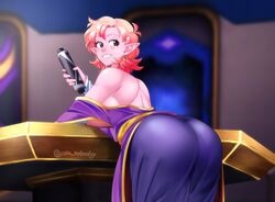  aka_nobodyy ass back bare_shoulders blush breasts chronoa colored_skin detached_sleeves dragon_ball dragon_ball_xenoverse dress earrings female from_behind grin highres holding holding_scroll indoors jewelry large_breasts looking_back orange_hair pants pink_skin pointy_ears potara_earrings prototype_design purple_dress scroll short_hair smile solo table twitter_username underboob 