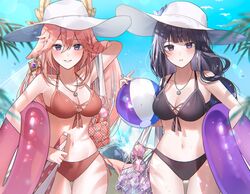  2girls absurdres animal_ears arm_behind_head armpit_crease bag ball bangs bare_shoulders beach beach_umbrella beachball bikini bird blue_sky blunt_bangs blurry blurry_background blush braid braided_ponytail branch breasts carrying carrying_under_arm cleavage collarbone cowboy_shot crossed_bangs day ear_piercing earrings flower fox_ears front-tie_bikini front-tie_top genshin_impact hair_between_eyes hat hat_flower headdress highres index_finger_raised innertube jewelry large_breasts lens_flare long_hair looking_at_viewer medium_breasts mole mole_under_eye multiple_girls navel necklace nerua outdoors palm_tree parted_lips piercing pink_bikini pink_hair pink_innertube purple_bikini purple_eyes purple_flower purple_hair purple_innertube raiden_shogun round_eyewear seagull shoulder_bag single_earring sky smile summer sun_hat sunglasses sunlight swimsuit thigh_gap tree umbrella veil vision_(genshin_impact) yae_miko 