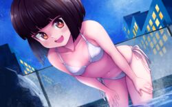  :d akemiho_tabi_nikki bare_shoulders bikini black_hair blunt_bangs blush bob_cut breasts brown_eyes building collarbone commentary eyelashes female fukube_tamaki gendai_ninjakko_zukan hands_on_own_thighs highres kouno_hikaru leaning_forward looking_at_viewer navel night onsen open_mouth original outdoors pool railing rooftop short_hair side-tie_bikini_bottom small_breasts smile solo swimsuit teeth upper_teeth_only wading water waterfall white_bikini 