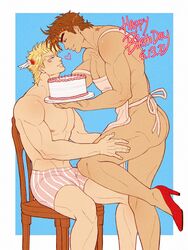  2boys abs apron ass bara boxers bulge caesar_anthonio_zeppeli catneylang couple dark-skinned_male dark_skin eye_contact feet_out_of_frame from_side hand_on_another&#039;s_thigh happy_birthday high_heels highres jojo_no_kimyou_na_bouken joseph_joestar joseph_joestar_(young) looking_at_another male_focus male_underwear multiple_boys muscular muscular_male naked_apron navel_hair nipples pectoral_cleavage pectorals pink_male_underwear print_male_underwear red_footwear short_hair sideburns sitting smile stomach thighs topless_male underwear underwear_only yaoi 