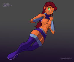  abs boots breasts dc dc_comics green_eyes legs mapashonsfw orange_body orange_skin pink_hair red_hair starfire superheroine teen_titans thick_thighs thigh_boots thighs underboob 