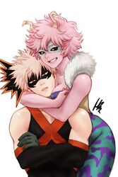  1boy 1boy1girl 1girls alternate_version_available black_sclera cleavage clothed clothed_variant embracing female golden_eyes head_in_cleavage hero_outfit_(mha) horns hugging_from_behind katsuki_bakugou male male/female mask mina_ashido muscular_male my_hero_academia pink_hair pink_skin red_eyes smirk straight tight_clothing white_background 