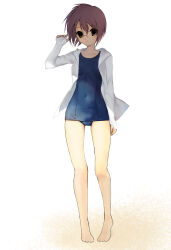  blue_one-piece_swimsuit breasts closed_mouth covered_navel eee_mii glasses hand_up highres hood hoodie looking_at_viewer nagato_yuki old_school_swimsuit one-piece_swimsuit open_clothes open_hoodie purple_hair school_swimsuit short_hair simple_background small_breasts solo standing suzumiya_haruhi_no_yuuutsu swimsuit white_background white_hoodie yellow_eyes 