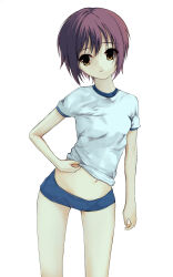  blue_buruma buruma closed_mouth clothes_lift eee_mii female gym_shirt highres looking_at_viewer nagato_yuki navel purple_hair shirt shirt_lift short_hair short_sleeves simple_background solo standing suzumiya_haruhi_no_yuuutsu white_background white_shirt yellow_eyes 
