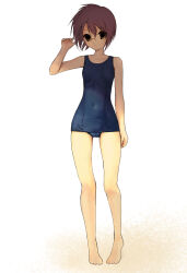  blue_one-piece_swimsuit breasts closed_mouth covered_navel eee_mii glasses hand_up highres looking_at_viewer nagato_yuki old_school_swimsuit one-piece_swimsuit purple_hair school_swimsuit short_hair simple_background small_breasts solo standing suzumiya_haruhi_no_yuuutsu swimsuit white_background yellow_eyes 