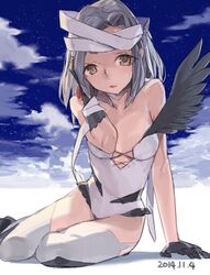  bandages bare_shoulders black_gloves brown_eyes cloud commentary_request dated female gloves grey_hair iona_(wixoss) long_hair looking_at_viewer selector_wixoss sitting sky solo star_(sky) starry_sky toro_(konirio) wings wixoss yokozuwari 