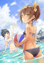  2girls :d ass ball beachball bikini black_bikini black_hair blunt_bangs breasts brown_eyes brown_hair commentary_request covered_nipples doonatsu. frilled_bikini frills hair_bun lens_flare looking_at_viewer looking_back multiple_girls navel open_mouth original outdoors partially_submerged purple_eyes short_hair side-tie_bikini_bottom side_ponytail sidelocks single_hair_bun small_breasts smile swimsuit twintails water waving white_bikini 