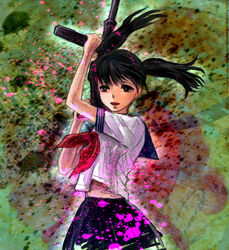  black_hair female gun machine_gun midriff okojopanchi red_eyes rifle school_uniform serafuku siren siren_2 solo twintails weapon yagura_ichiko 