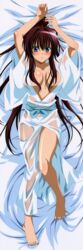  absurdres arms_up barefoot blue_eyes blush breasts breasts_apart brown_hair dakimakura_(medium) female full_body highres japanese_clothes kimono large_breasts legs lying no_bra no_panties oda_nobuna_no_yabou on_back ponytail see-through shibata_katsuie_(oda_nobuna_no_yabou) shirt solo spread_toes toes wet wet_clothes wet_shirt 