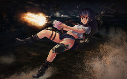  fire kantai_collection kneehighs navel panties rodriguez_(kamwing) seifuku skirt underwear ushio_(kancolle) water weapon 