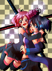  2girls ahoge bad_id bad_pixiv_id belt black_hair black_legwear blue_eyes checkered_background detached_sleeves drill_hair gradient_hair headset heterochromia hug jumping kasane_teto looking_back maionii multicolored_hair multiple_girls nail_polish necktie open_mouth pink_hair red_eyes shadow short_twintails skirt thighhighs twin_drills twintails utau vippaloid wings yokune_ruko zettai_ryouiki 