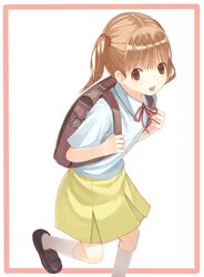  backpack bag black_footwear blush border bow brown_eyes brown_hair collared_shirt commentary_request feet_out_of_frame female hands_up hourou_musuko looking_at_viewer mon0351 neck_ribbon open_mouth outside_border red_ribbon ribbon sasa_kanako school_uniform shirt shoes short_hair short_sleeves short_twintails simple_background skirt solo standing standing_on_one_leg twintails walking white_background white_legwear white_shirt yellow_skirt 