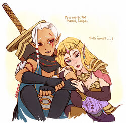  2girls arm_hug armor blonde_hair blue_eyes breasts bridal_gauntlets cleavage commentary corset dark-skinned_female dark_skin earrings ehryel elbow_gloves english_commentary english_text facial_tattoo fingerless_gloves forehead_jewel gloves huge_weapon hugging_own_legs hyrule_warriors impa jewelry long_hair multiple_girls over_shoulder pauldrons pointy_ears princess_zelda red_eyes scarf sheath sheathed sheikah shoulder_armor side-by-side sitting small_breasts sword sword_over_shoulder tattoo the_legend_of_zelda tiara triforce weapon weapon_over_shoulder white_hair yuri 