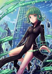  ahoge black_dress blush building chinese_commentary commentary_request curly_hair dress female green_eyes green_hair highres huanghyy looking_at_viewer no_panties one-punch_man photoshop_(medium) short_hair solo tatsumaki wind 