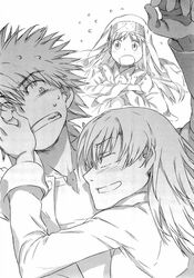  1boy 2girls a_certain_high_school_uniform animal drunk feline gakuran greyscale haimura_kiyotaka highres index_(toaru_majutsu_no_index) kamijou_touma misaka_misuzu monochrome multiple_girls non-web_source official_art photoshop_(medium) school_uniform sphinx_(toaru_majutsu_no_index) toaru_majutsu_no_index toaru_majutsu_no_index:_old_testament 