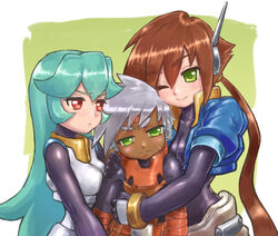  1boy 2girls aile_(mega_man_zx) arm_around_shoulder bad_id bad_pixiv_id blue_hair blush bodysuit breasts brown_hair cleavage commentary_request cropped_jacket dark-skinned_male dark_skin drill_(emilio) gloves green_eyes grey_(mega_man) grey_hair hair_between_eyes hand_on_another&#039;s_shoulder highres hug layered_sleeves long_hair long_sleeves mega_man_(series) mega_man_zx mega_man_zx_advent multiple_girls no_headwear one_eye_closed pandora_(mega_man) ponytail red_eyes robot_ears short_hair short_over_long_sleeves short_sleeves shorts skin_tight small_breasts smile spandex 