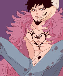  1boy denim feathers jeans kaz_(mokemoke9) male_focus multiple_boys one_piece pants sitting solo_focus trafalgar_law wide_eyes 