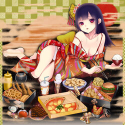  bad_id bad_pixiv_id bare_shoulders barefoot bowl bra breasts burger candy checkered_background chicken_(food) chips_(food) chocolate chocolate_bar chopsticks cleavage clothes_down cloud corn_dog drink egasumi fast_food feet female food french_fries full_body hair_ornament holding holding_chopsticks hot_dog ice_cream japanese_clothes kanzashi kimono lingerie lollipop long_hair lying margherita_pizza medium_breasts mustard off_shoulder on_side onion_rings original panties pizza potato_chips purple_hair red_eyes red_sun rice rice_bowl solo strap_slip swirl_lollipop too_much_food twix underwear yuuki_rika 