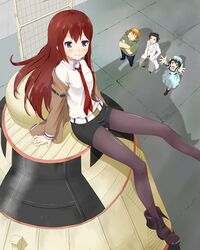  2boys 2girls blush boots brown_hair commentary_request hashida_itaru jacket lab_coat long_hair makise_kurisu multiple_boys multiple_girls necktie okabe_rintarou pantyhose pantyhose_under_shorts red_necktie shiina_mayuri shorts smile steins;gate yoruda 