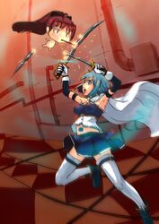  2girls blue_hair cape cometch commentary_request dual_wielding gloves hair_ornament hairclip highres holding looking_at_another magical_girl mahou_shoujo_madoka_magica mahou_shoujo_madoka_magica_(anime) miki_sayaka miki_sayaka_(magical_girl) multiple_girls open_mouth ponytail red_eyes red_hair sakura_kyoko soul_gem sword thighhighs weapon white_gloves white_legwear 