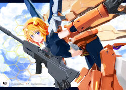  bad_id bad_pixiv_id blonde_hair blue_eyes blush bodysuit breasts charlotte_dunois cloud day english_text female gun hairband highres infinite_stratos letterboxed lips mecha_musume medium_breasts midriff outside_border pemu pilot_suit rafale_revive_custom_ii sky smile solo weapon 