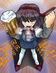  @_@ alcohol asama_isami beer blush bow breath brown_hair commentary_request emphasis_lines female narunomoto_(usachiyan-77) necktie necktie_on_head open_mouth skirt solo thighhighs uwabami_breakers zettai_ryouiki 