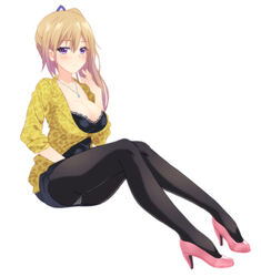  animal_print bad_id bad_pixiv_id blonde_hair blush breasts cleavage female full_body high_heels inui_sanagi kawakami_mai leopard_print long_hair medium_breasts mole mole_under_eye musaigen_no_phantom_world panties panties_under_pantyhose pantyhose photoshop_(medium) pumps purple_eyes shoes side_ponytail simple_background solo underwear 