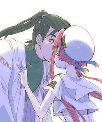  1boy aria_(manga) aria_company_uniform blouse commentary_request female green_eyes green_hair hair_tubes hat izumo_akatsuki kagura_(anomalo-anima) kissing long_hair mizunashi_akari pink_hair ponytail sailor_collar shirt short_hair_with_long_locks short_sleeves sidelocks uniform white_shirt 