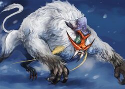  blangonga claws commentary_request feathers itou_youichi monster monster_hunter_(series) night no_humans snow solo tail tusks 