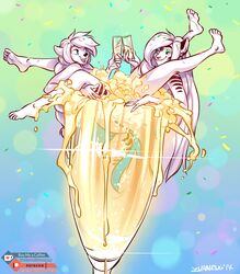  2018 absurd_res alcohol anthro arms_bent bent_leg bent_legs beverage casual_nudity champagne container digit_ring digital_drawing_(artwork) digital_media_(artwork) domestic_cat duo estella_(zummeng) evie_(zummeng) extended_leg felid feline felis female female/female foot_over_edge hair hair_over_edge hand_on_leg hand_on_thigh hi_res in_container in_cup in_glass jewelry leaning_on_edge leg_grab legs_in_air legs_up long_hair mammal nude over_edge ring smile sunken_seat thigh_grab up_and_over wedding_ring white_hair wrist_under_leg zummeng 