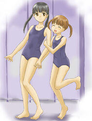  2girls barefoot black_eyes black_hair blush brown_eyes brown_hair chiba_saori closed_eyes commentary_request happy holding_hands hourou_musuko interlocked_fingers kamosikayasyamoji long_hair multiple_girls one-piece_swimsuit open_mouth sasa_kanako school_swimsuit short_hair short_twintails smile swimsuit twintails 