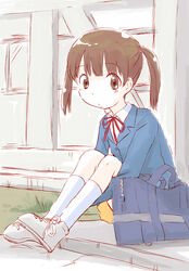  bag blush brown_eyes brown_hair commentary_request female hourou_musuko maruyo photoshop_(medium) sasa_kanako school_bag school_uniform short_hair short_twintails sitting socks solo twintails 