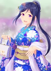  bag blue_hair blush commentary_request female flower hair_flower hair_ornament iincho_(airi8751) japanese_clothes kimono long_hair looking_at_viewer love_live! love_live!_sunshine!! matsuura_kanan open_mouth ponytail shawl smile solo 