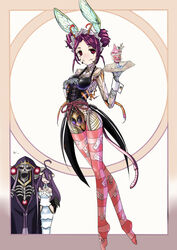  1boy 2girls ainz_ooal_gown albedo antenna chitin cup demon_girl entoma_vasilissa_zeta eyeball feet insect_girl insects legs maid monster_girl multiple_girls overlord_(maruyama) purple_hair red_eyes serving_tray shocked skeleton spoon straw striped_legwear talisman tray 